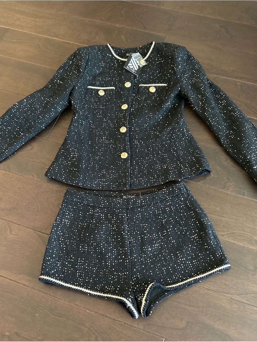 Black & Gold Tweed Short Set with Gold Buttons - Luxury Women's Shorts